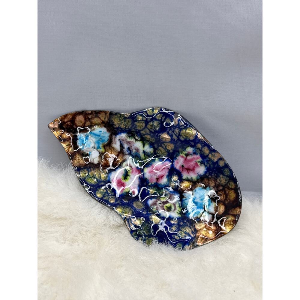 Vintage French Cobalt Blue Enamel Floral Trinket Dish Gold Leaf Accents - Picture 4 of 6